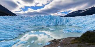 Die Gletscher Patagoniens gehören zu den am schnellsten schmelzenden Eismassen der Erde. Gletscher_Schmelze_Patagonien_Illustration