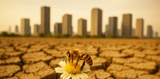 Bienen in der Zange: Wie Hitze und Landnutzung unsere Bestäuber bedrohen Biene_Hitze_Klimawandel_Illustration