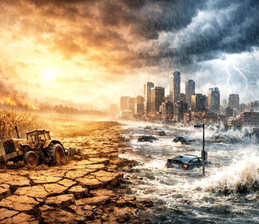 Zwei Grad sind keine Entwarnung – Warum selbst „moderate“ Erwärmung extreme Folgen bringt Dürre-trifft-auf-Überschwemmung_Illustration